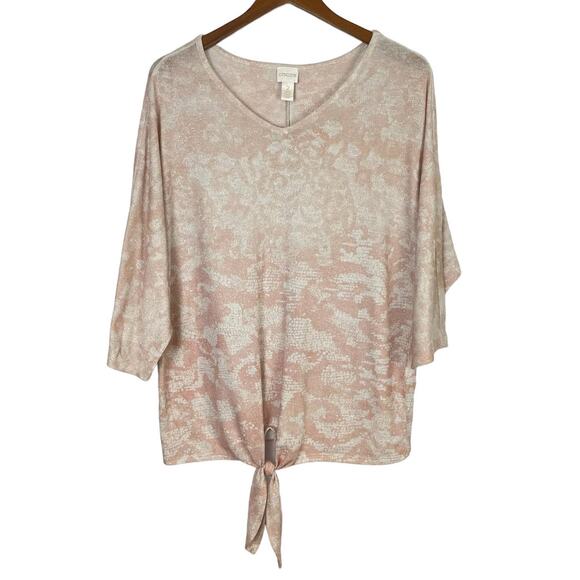 Chico’s | Tierra Sz 2 Large Pink Metallic Tie Front 3/4 Sleeve Top Knit Sweater - Picture 2 of 10